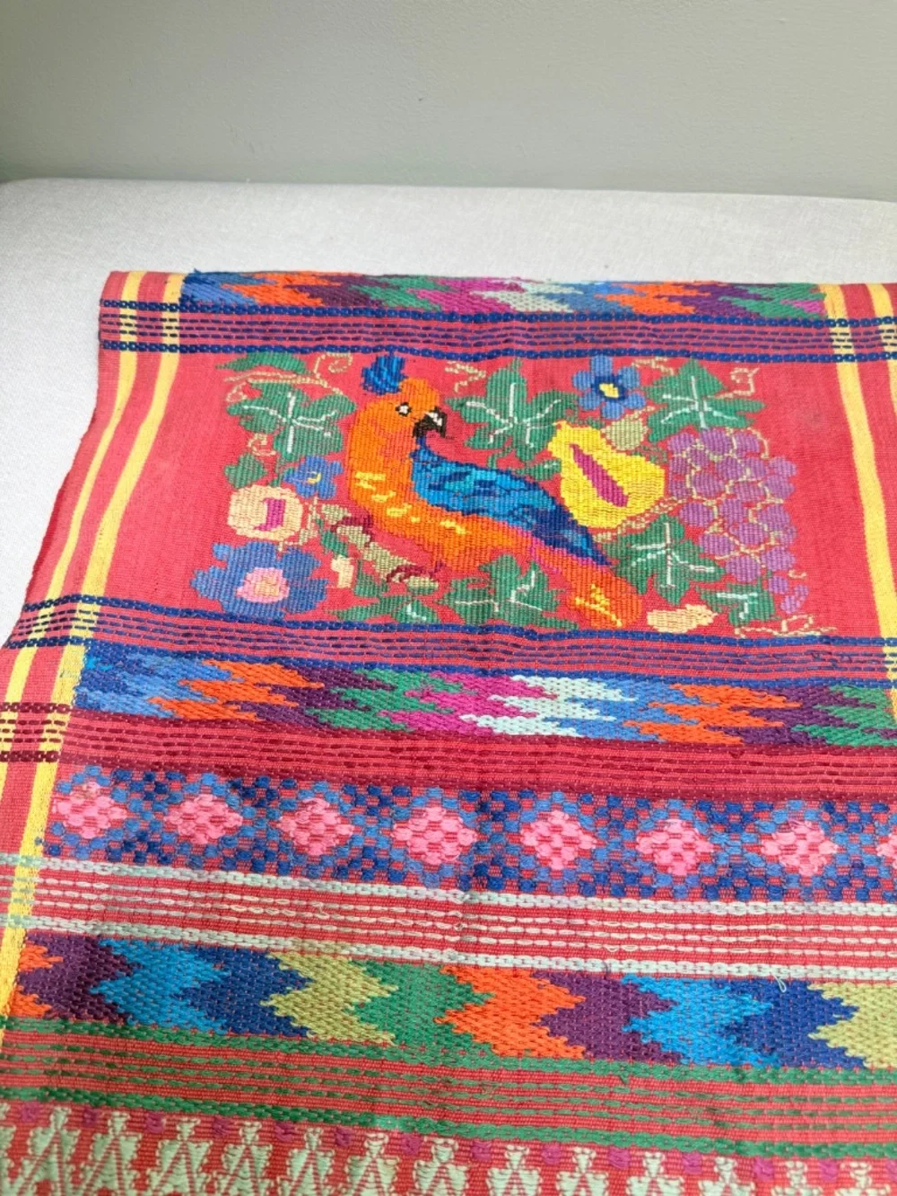 Guatemalan Hand Woven Multi Color Bird Table Runner Ruby Quetzal